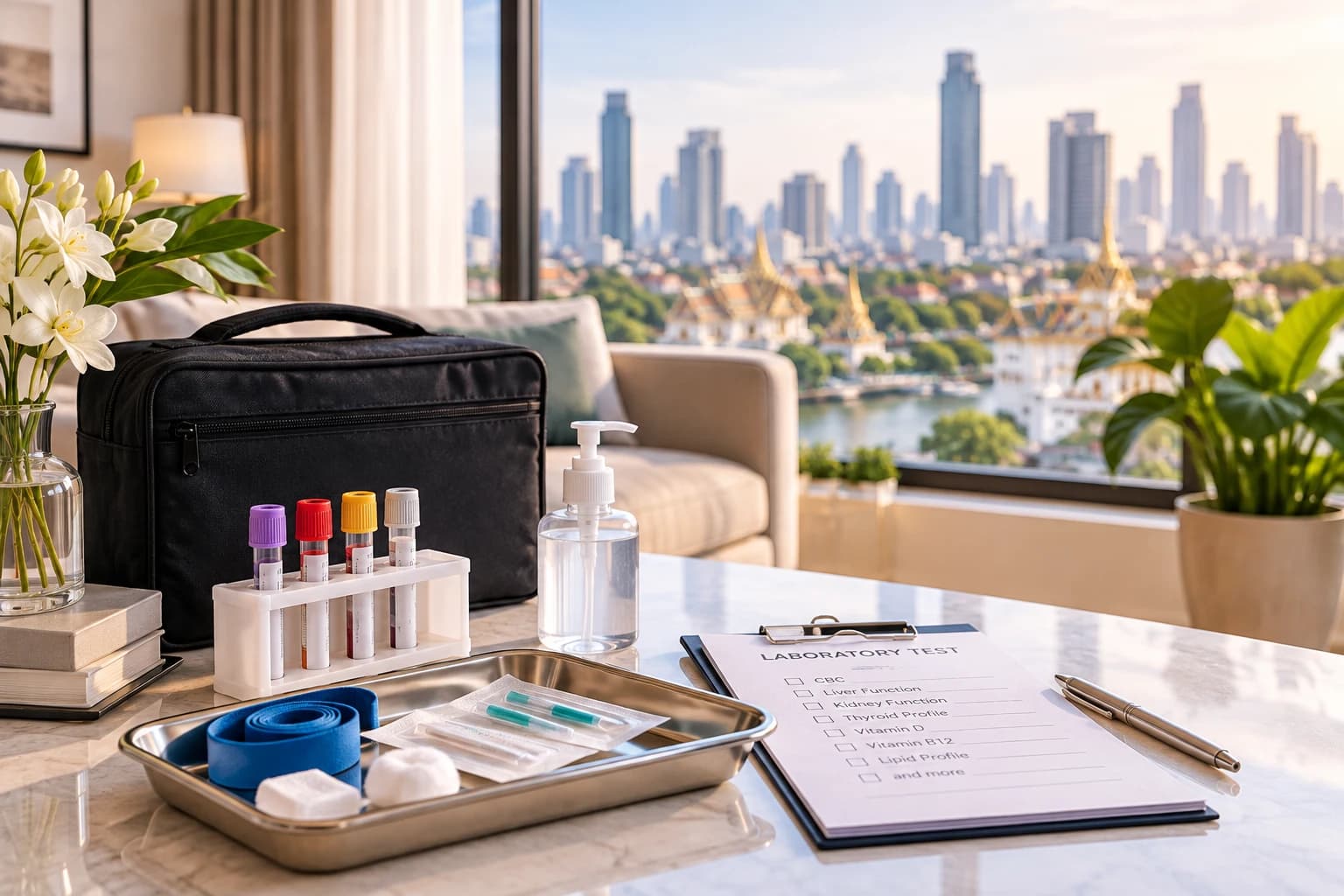 Blood testing equipment prepared for an at-home visit in Bangkok