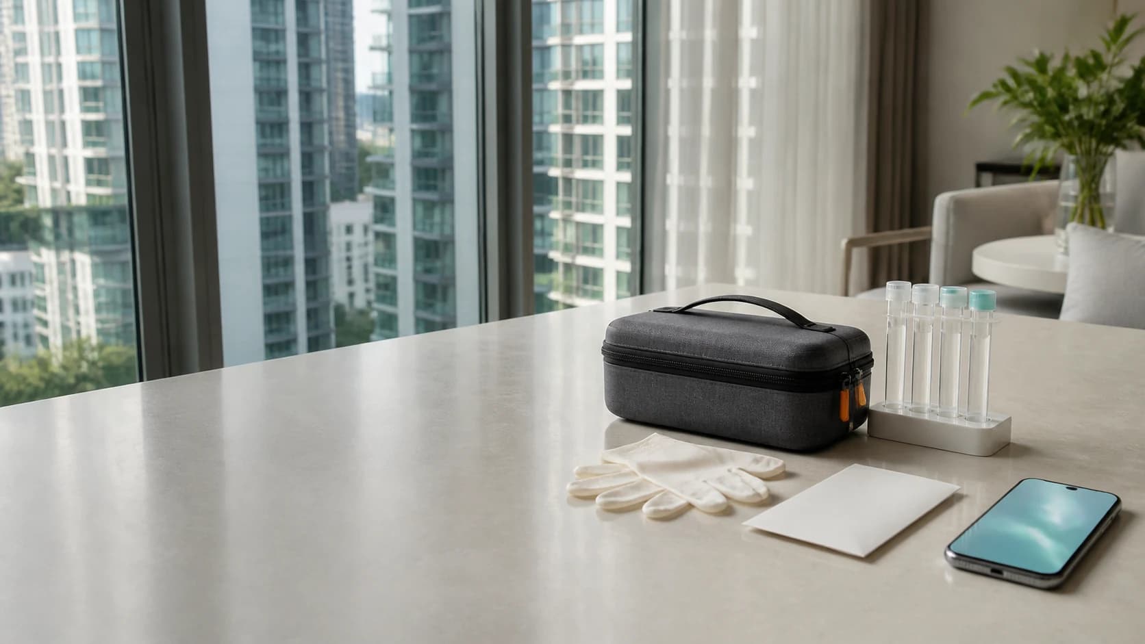 A discreet Ovio sample collection kit on a table beside a window overlooking Bangkok high-rises